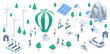 © dimon_ua - isometric vector illustration on a white background, wind turbines and solar panels as alternative energy, people on scooters and bicycles and standing near the hot air balloon, clean energy