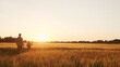 © Acronym - Farmer and his son in front of a sunset agricultural landscape. Man and a boy in a countryside field. Fatherhood, country life, farming and country lifestyle.