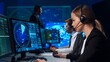 © Acronym - Workplace of the air traffic controllers in the control tower. Team of professional aircraft control officers works using radar, computer navigation and digital maps. Aviation concept.