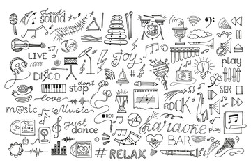 doodle set musical instruments. Vector hand drawn illustration