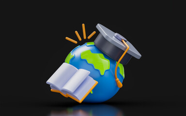 Wall Mural - globe sign with graduation cap and book on dark background 3d render concept for world education