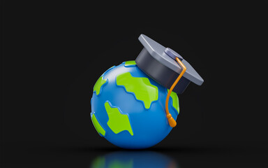 Wall Mural - globe sign with graduation cap on dark background 3d render concept for student of the year