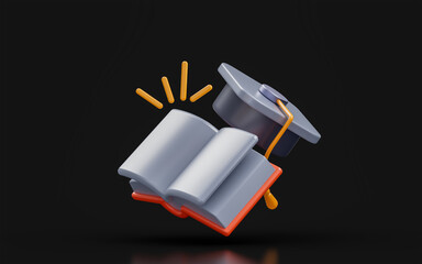 Wall Mural - book sign with graduation cap on dark background 3d render concept for higher study degree