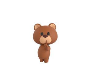 Poster - Little Bear character holding hand near mouth silence gesture in 3d rendering.