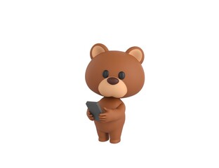 Sticker - Little Bear character using smartphone and looking to camera in 3d rendering.