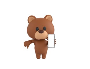 Sticker - Little Bear character show his phone and give thumb down in 3d rendering.