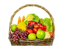 Vegetables And Fruits In Wicker Basket