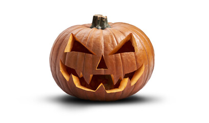 A carved halloween pumpkin with evil eyes and face isolated on white.