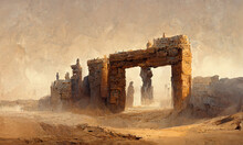 Huge Gate Ruin  Of Ancient City In Desert, Digital Art Background