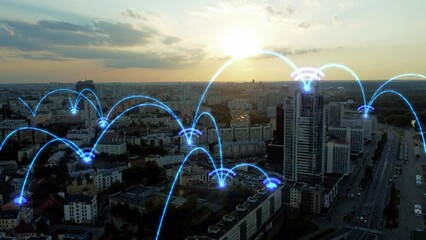 Concept of digital signal distribution over a wireless network in a modern city. Internet of Things, Networking, Futuristic Technological Smart City, Covered by a Common Net.