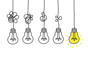 Wall Mural - simplifying the complex, confusion clarity or path vector idea concept with lightbulbs doodle illust