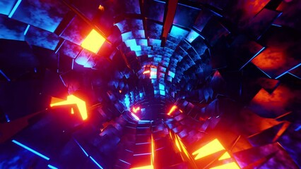 Canvas Print - Flying through a tunnel of blue and orange metal cubes. Infinitely looped animation.