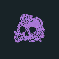 Wall Mural - Hand drawn purple Skull with flowers. Trendy isolated colorful Vector illustration. Cartoon, vintage style. Poster, tattoo idea, t-shirt print, sticker, logo design template