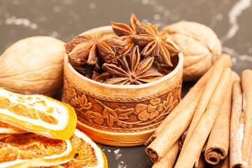 Wall Mural - Cinnamon sticks,dried oranges and anise star