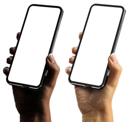 Wall Mural - woman's hand holding the black smartphone with a transparent blank screen isolated transparent backg