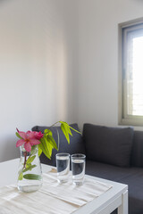 Wall Mural - Two glasses of water and a bouquet of eucalyptus and red flowers in a transparent vase on the table.