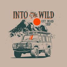 Vintage Styled Off Road 4x4 Expedition Or Trip Illustration With Retro SUV Car With Mountains Landscape On Background For T-shirt Print Or Poster Design. Vector Illustration