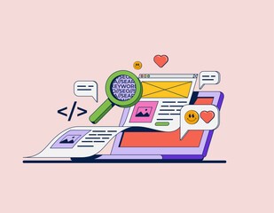 Web development concept illustration with computer and coding and SEO or marketing graphic elements and symbols. Cartoon styled vector illustration