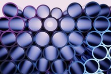 Stack Of Metal Pipes, Abstract Technological Background Of Rolled Metal Elements In Blue And Purple Color