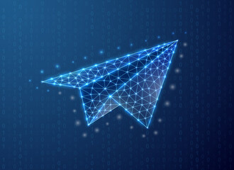 Paper airplane polygonal symbol with binary code background. Travel concept design illustration. Blue Aviation low poly symbol with connected dots
