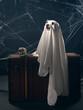 A dog in halloween ghost costume, studio shot