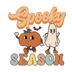 spooky season and cartoon pumpkin ghost design for shirt,Ghost cartoon cute, text print for cricut, Halloween illustration.	