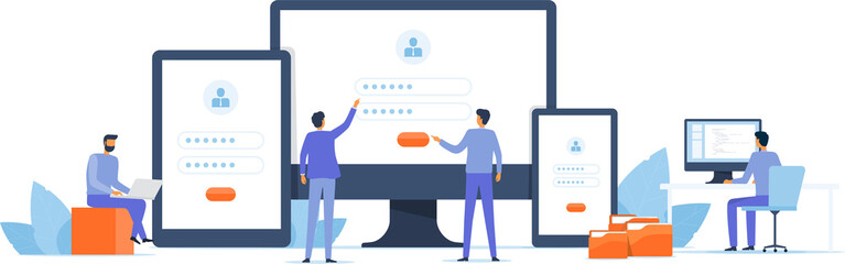 Poster - business developer team working on device monitor concept.