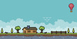 Pixel art countryside landscape. Farm with house, fence and trees 8 bit game background
