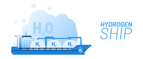 Wall Mural - hydrogen ship and green energy vector illustration concept. big blue vehicle with text h2 on the sid