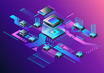 Wall Mural - electronic cpu digital chip. abstract computer processor and electronic components on motherboard or
