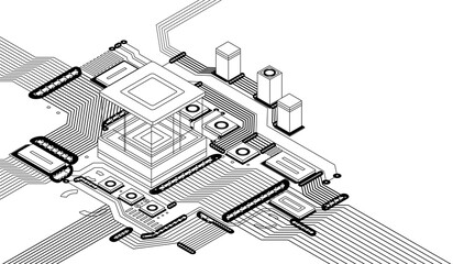 Wall Mural - electronic cpu digital chip monochrome. processor and electronic components on motherboard or circui