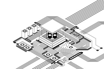 Wall Mural - electronic cpu digital chip monochrome. processor and electronic components on motherboard or circui