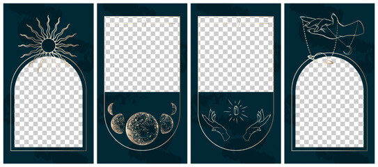 Set of golden celestial mysterious vector illustrations for stories templates, mobile app, posters. Photo frame. Occult magic background for astrology, fortune telling, tarot concept. One line art  