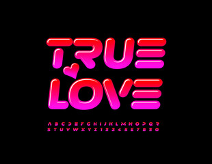 Vector trendy cad True Love with creative Font. Bright gradient Alphabet Letters and Numbers set
