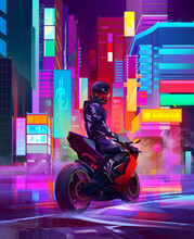 Drawn Racer On A Motorcycle In A Night Bright City