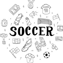 Vector set of doodles. Soccer elements such as ball, goal, gloves, t-shirts and more. Black and white illustration, linear style.