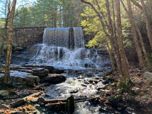 A Tranquil Scene Of The Stametz Dam Waterfall On Sand Sparing Run, In Hickory Run State Park, Carbon County, White Haven, Pennsylvania.