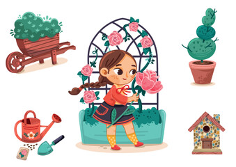 Wall Mural - Cartoon vector set on the theme of gardening with a little girl content.