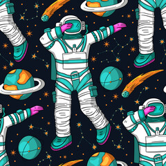Wall Mural - astronaut seamless space vector pattern. kids doodle print moon texture platet design