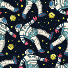 Wall Mural - astronaut seamless space vector pattern. kids doodle print moon texture platet design