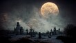 Mystical ancient graveyard under cloudy sky with super moon