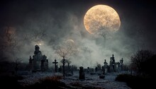 Mystical Ancient Graveyard Under Cloudy Sky With Super Moon