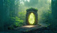 Fantasy Scene With Glowing Magical Portal In Misty Wood