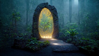 Wall Mural - Fantasy scene with magical portal in dusk foggy rainforest