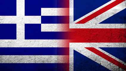 Wall Mural - National flag of United Kingdom (Great Britain) Union Jack with National flag of Greece. Grunge background