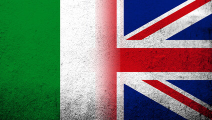 Wall Mural - National flag of United Kingdom (Great Britain) Union Jack with National flag of Italy. Grunge background