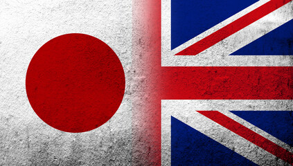 Wall Mural - National flag of United Kingdom (Great Britain) Union Jack with National flag of Japan. Grunge background