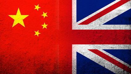 Wall Mural - National flag of United Kingdom (Great Britain) Union Jack with Republic of China National flag. Grunge background