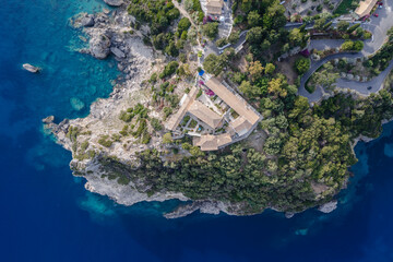 Sticker - High angle view of Monastery in Palaiokastritsa village, Corfu Island, Greece