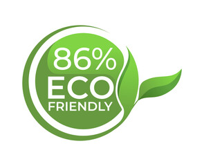 Wall Mural - 86% Eco friendly circle label sticker Vector illustration with green organic plant leaves. Eco friendly stamp icon.